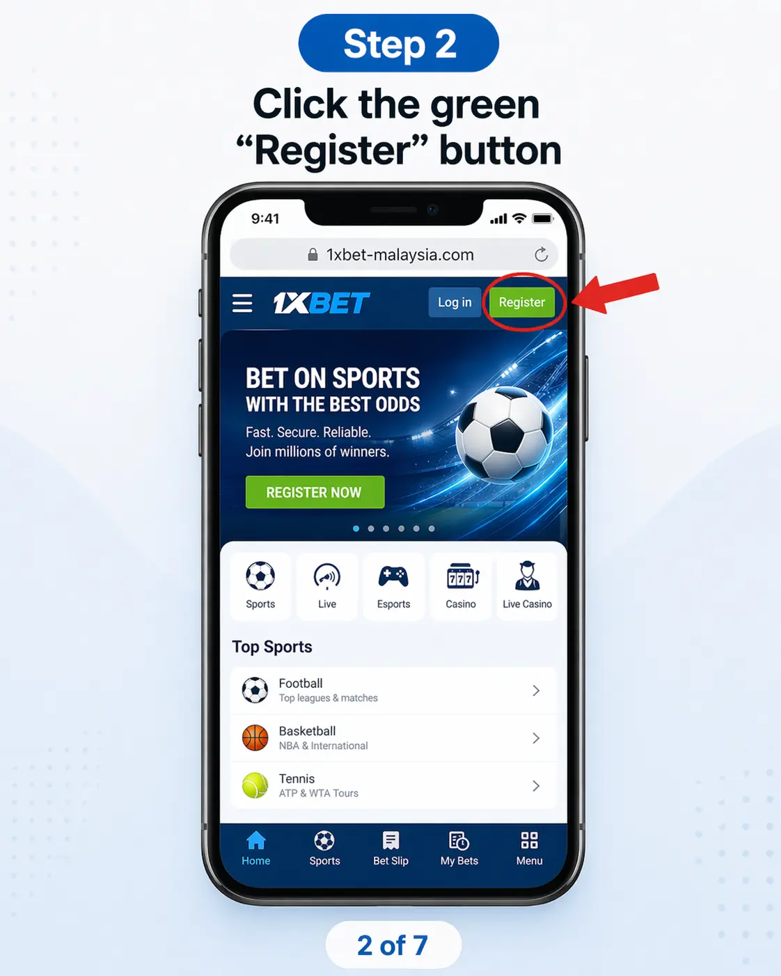 Green register button on 1xBet